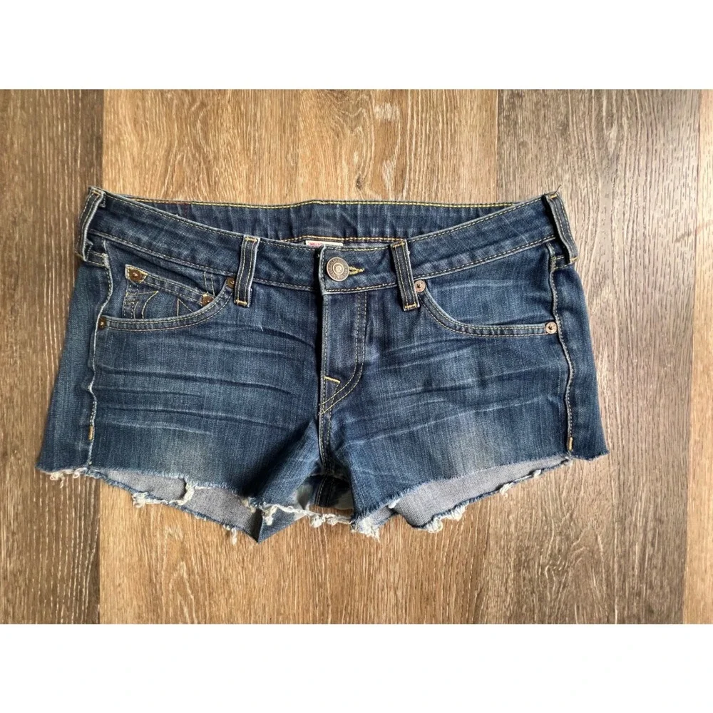 True Religion Lexi Denim Shorts Women 30 Blue Low Rise Cut Off Frayed Hem USA